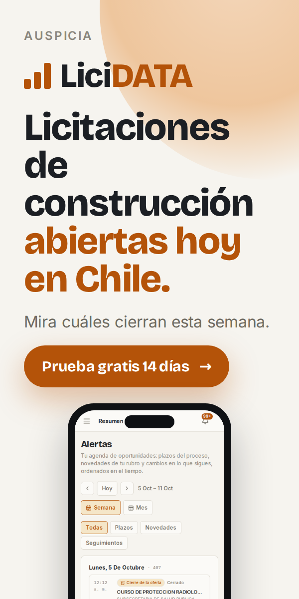 Licitaciones de construcción abiertas hoy en Chile.